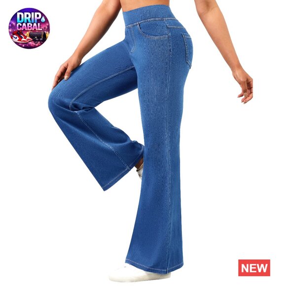 Denim - High Waisted Flare Jeans Stretchy Pull On Bell Bottom Denim Pants Trendy